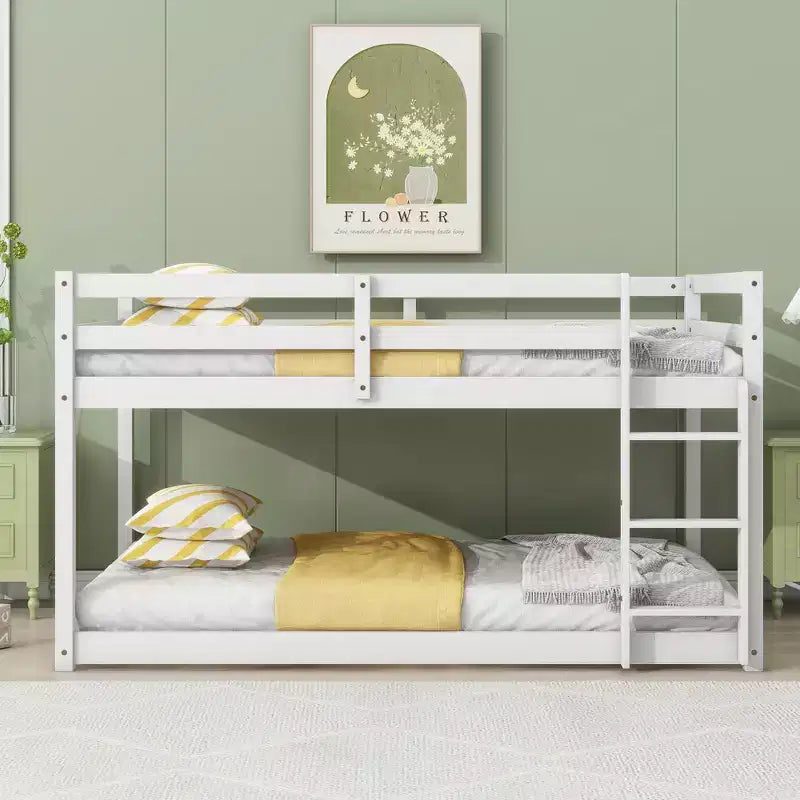 Okak 77.3IN Letto a Castello a Pavimento Twin-Over-Twin con Scaletta, Letto Singolo con Ringhiera e Doghe Rinforzate, Strutture Letto per Cameretta Bambini, Sala Giochi, Bianco