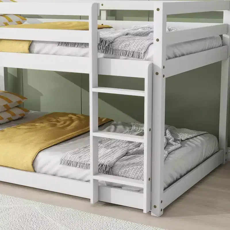 Okak 77.3IN Letto a Castello a Pavimento Twin-Over-Twin con Scaletta, Letto Singolo con Ringhiera e Doghe Rinforzate, Strutture Letto per Cameretta Bambini, Sala Giochi, Bianco