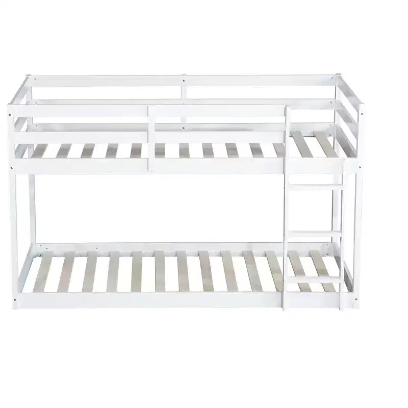 Okak 77.3IN Letto a Castello a Pavimento Twin-Over-Twin con Scaletta, Letto Singolo con Ringhiera e Doghe Rinforzate, Strutture Letto per Cameretta Bambini, Sala Giochi, Bianco