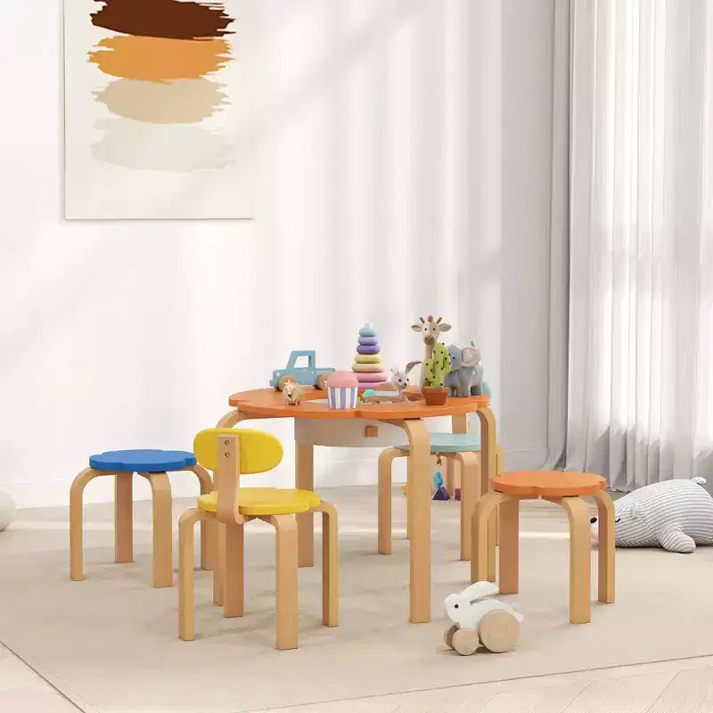 Qaba Set Tavolo e Sedie per Bambini 5 Pezzi, Set Tavolo e Sedie a Forma di Fiore per Bambini con Contenitore Integrato, per Disegno Lettura Attività Artistiche e Artigianali