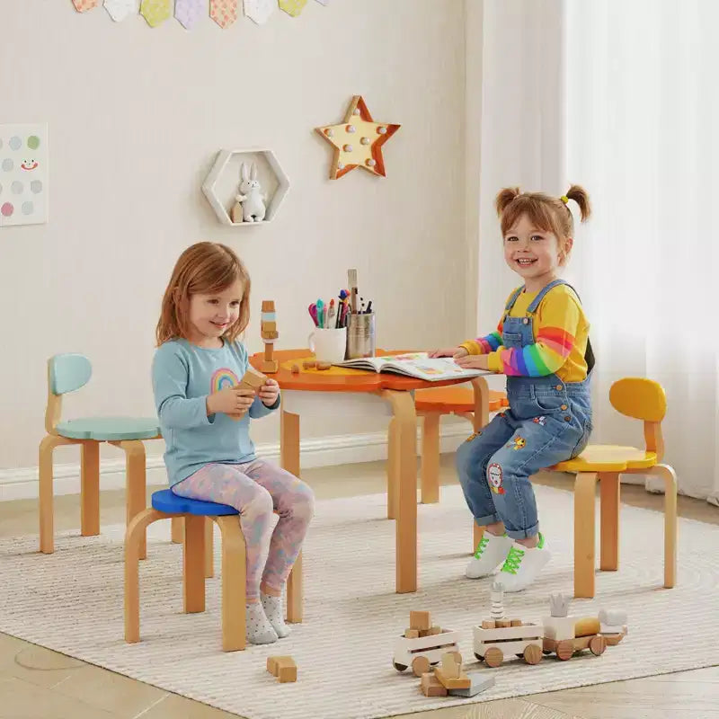Qaba Set Tavolo e Sedie per Bambini 5 Pezzi, Set Tavolo e Sedie a Forma di Fiore per Bambini con Contenitore Integrato, per Disegno Lettura Attività Artistiche e Artigianali