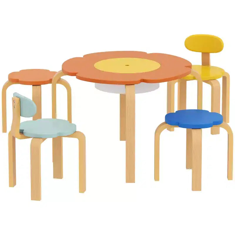 Qaba Set Tavolo e Sedie per Bambini 5 Pezzi, Set Tavolo e Sedie a Forma di Fiore per Bambini con Contenitore Integrato, per Disegno Lettura Attività Artistiche e Artigianali