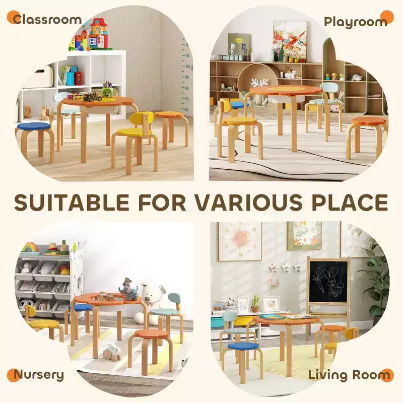 Qaba Set Tavolo e Sedie per Bambini 5 Pezzi, Set Tavolo e Sedie a Forma di Fiore per Bambini con Contenitore Integrato, per Disegno Lettura Attività Artistiche e Artigianali