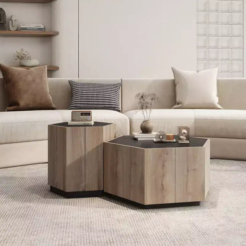 Tavolino da caffè retrò in legno, tavolo angolare esagonale strutturato nero quercia calda con cassetto contenitore, tavolino rotondo centrale in legno per soggiorno, camera da letto