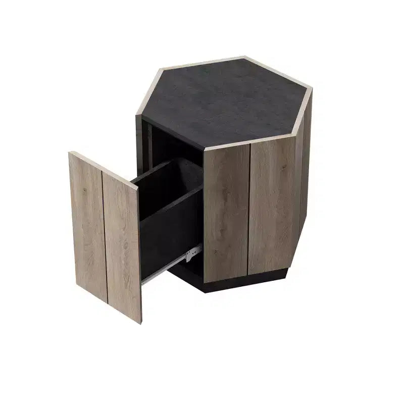 Tavolino da caffè retrò in legno, tavolo angolare esagonale strutturato nero quercia calda con cassetto contenitore, tavolino rotondo centrale in legno per soggiorno, camera da letto