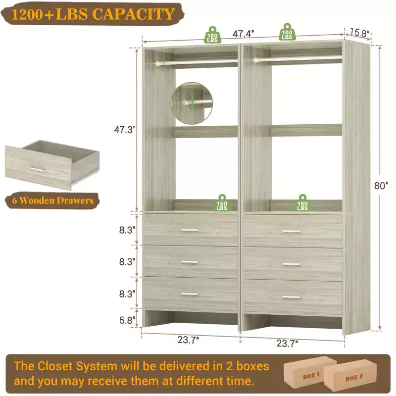Sistema Organizzatore per Armadio Besiost con Cassetti in Legno, Guardaroba Indipendente con Asta Appendiabiti