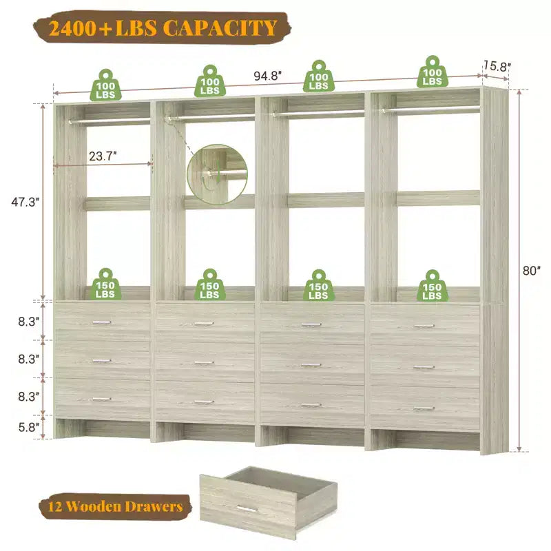Sistema Organizzatore per Armadio Besiost con Cassetti in Legno, Guardaroba Indipendente con Asta Appendiabiti