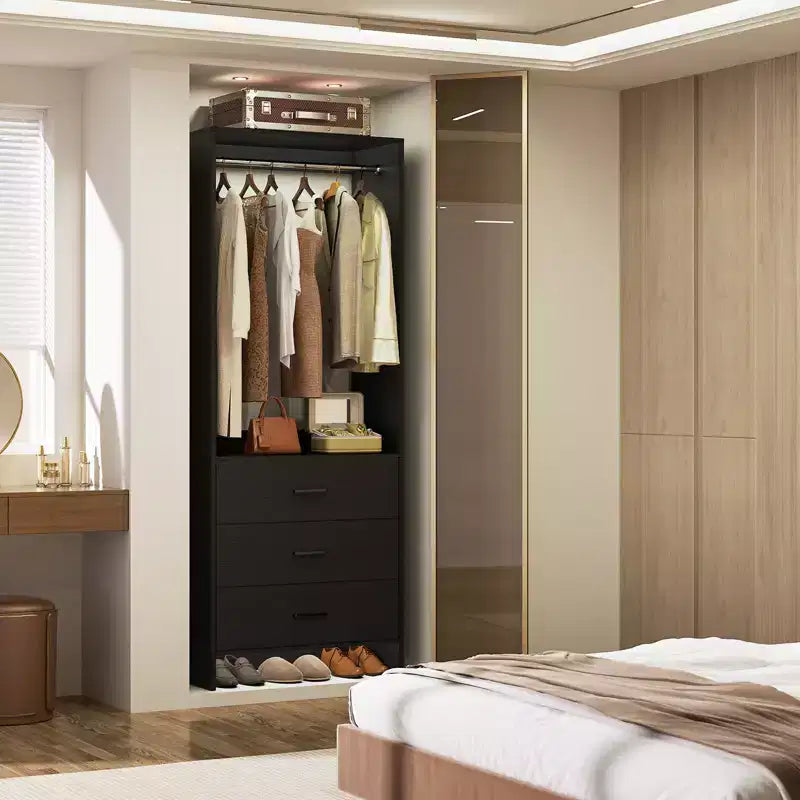 Sistema Organizzatore per Armadio Besiost con Cassetti in Legno, Guardaroba Indipendente con Asta Appendiabiti