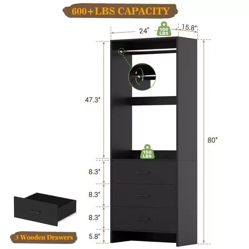 Sistema Organizzatore per Armadio Besiost con Cassetti in Legno, Guardaroba Indipendente con Asta Appendiabiti