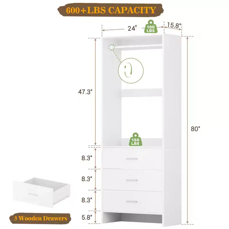 Sistema Organizzatore per Armadio Besiost con Cassetti in Legno, Guardaroba Indipendente con Asta Appendiabiti