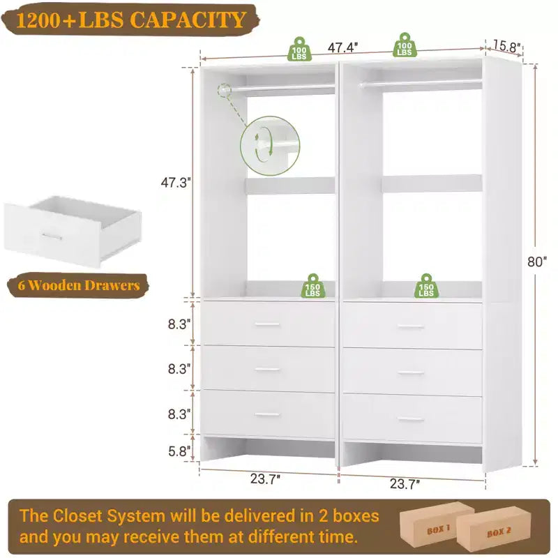 Sistema Organizzatore per Armadio Besiost con Cassetti in Legno, Guardaroba Indipendente con Asta Appendiabiti