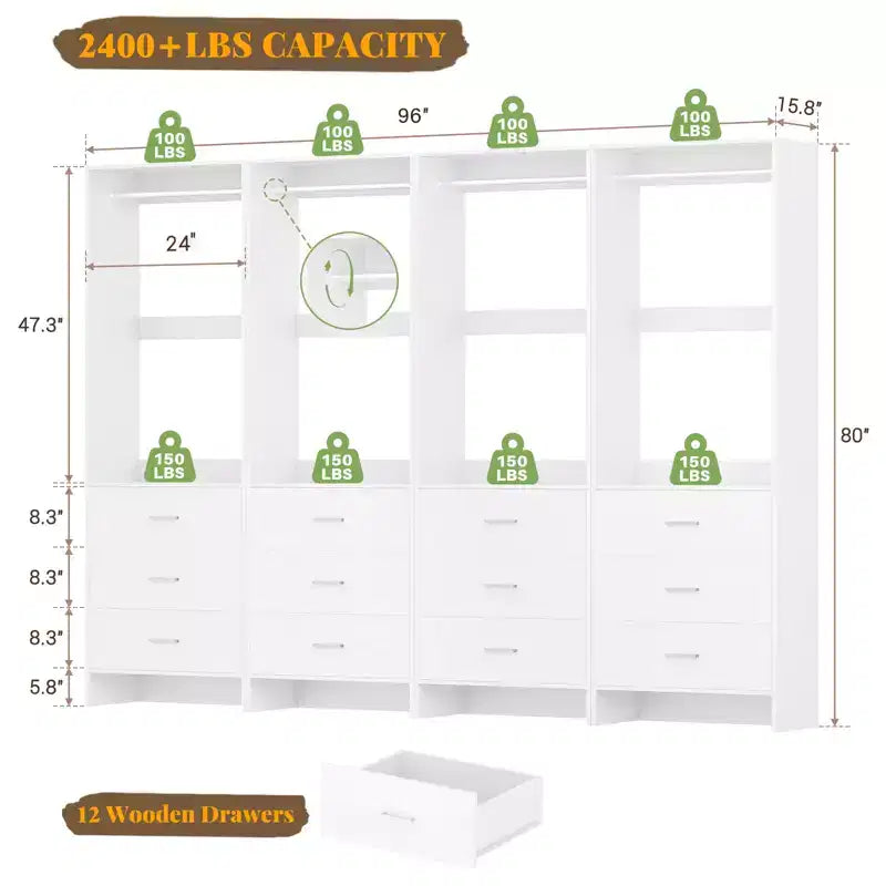 Sistema Organizzatore per Armadio Besiost con Cassetti in Legno, Guardaroba Indipendente con Asta Appendiabiti