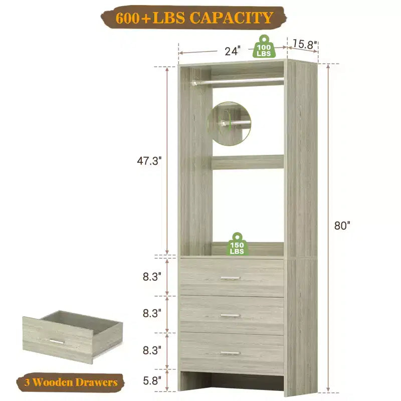 Sistema Organizzatore per Armadio Besiost con Cassetti in Legno, Guardaroba Indipendente con Asta Appendiabiti