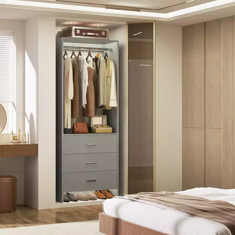 Sistema Organizzatore per Armadio Besiost con Cassetti in Legno, Guardaroba Indipendente con Asta Appendiabiti