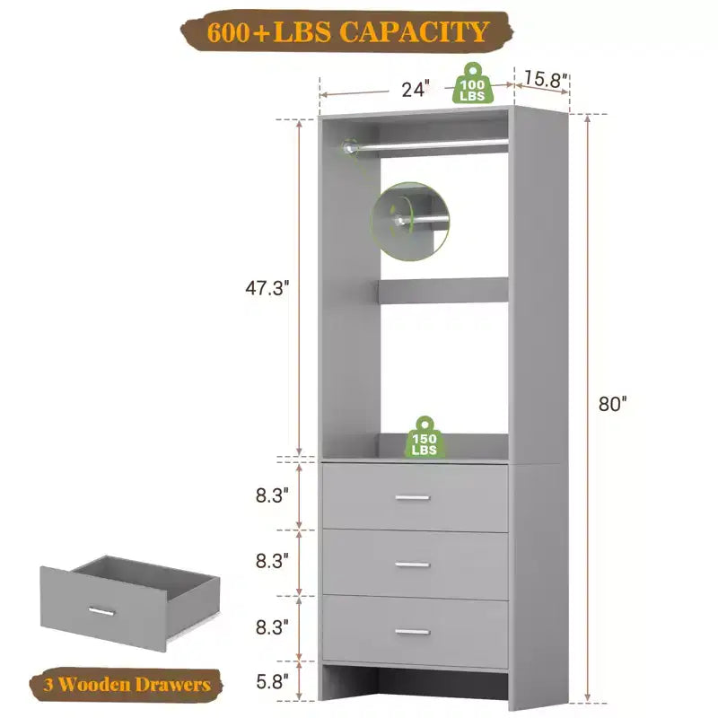 Sistema Organizzatore per Armadio Besiost con Cassetti in Legno, Guardaroba Indipendente con Asta Appendiabiti
