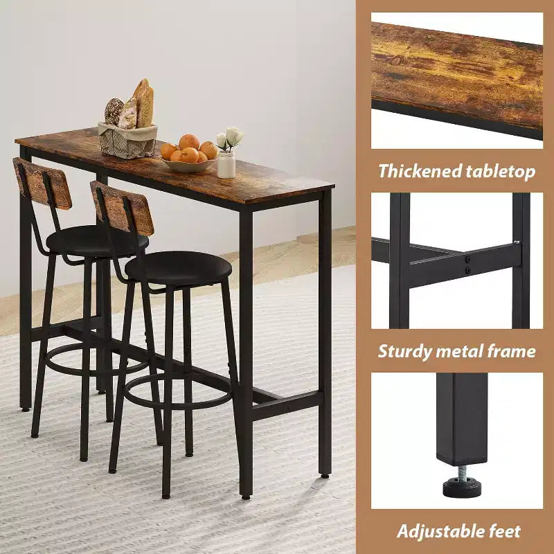 Set tavolo Zevemomo 3 pezzi altezza bancone, tavolo da pub da 31,5" con 2 sgabelli, set da pranzo da cucina salvaspazio per piccoli ambienti, marrone
