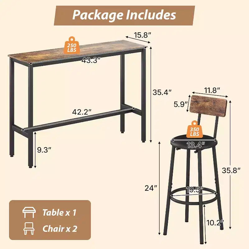 Set tavolo Zevemomo 3 pezzi altezza bancone, tavolo da pub da 31,5" con 2 sgabelli, set da pranzo da cucina salvaspazio per piccoli ambienti, marrone