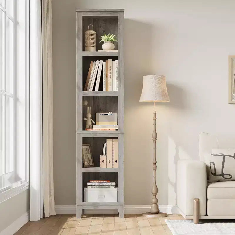 Libreria stretta a 5 ripiani, scaffale in legno stile rustico vintage etagere rovere per ufficio, soggiorno, camera da letto, grigio