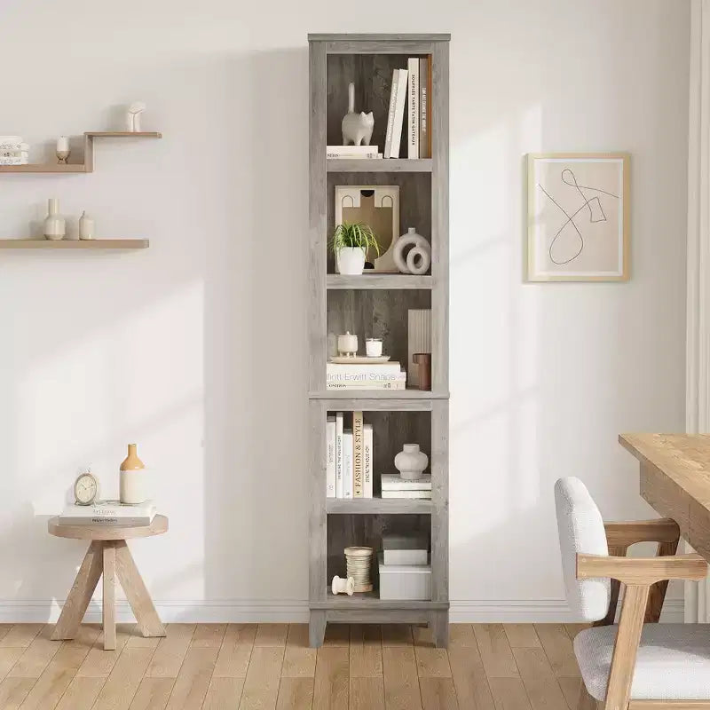 Libreria stretta a 5 ripiani, scaffale in legno stile rustico vintage etagere rovere per ufficio, soggiorno, camera da letto, grigio