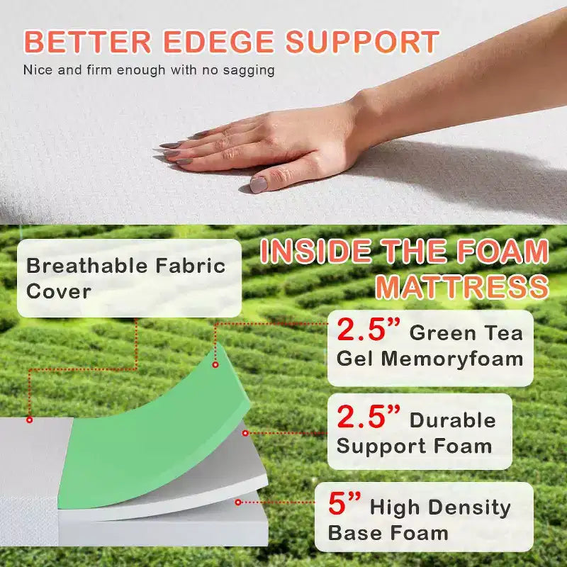 Materasso in memory foam BestMassage 10 pollici al tè verde, materasso con gel rinfrescante, materassi a media rigidità