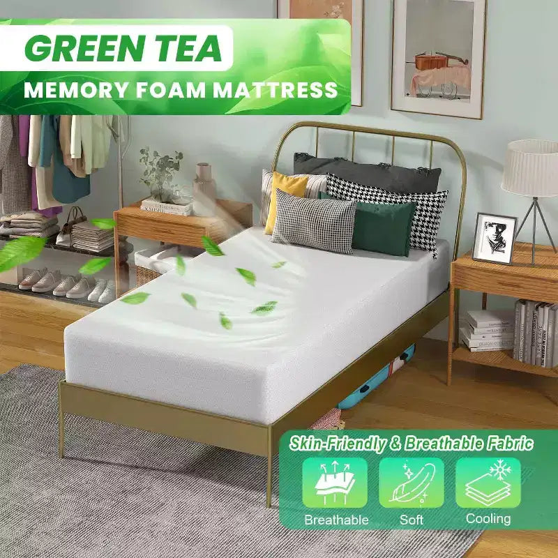 Materasso in memory foam BestMassage 10 pollici al tè verde, materasso con gel rinfrescante, materassi a media rigidità
