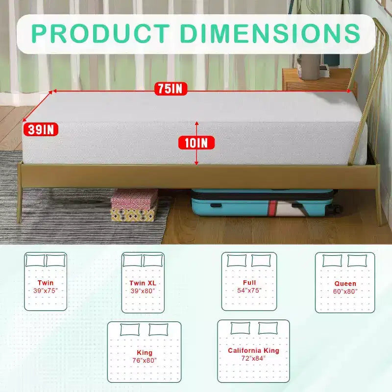 Materasso in memory foam BestMassage 10 pollici al tè verde, materasso con gel rinfrescante, materassi a media rigidità