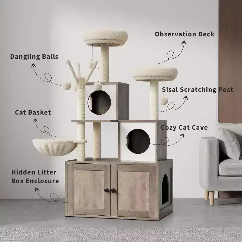 Albero Tiragraffi con Mobile per Lettiera Nascosta, Torre per Gatti Moderna 2-in-1 con Amaca e Pali Tiragraffi