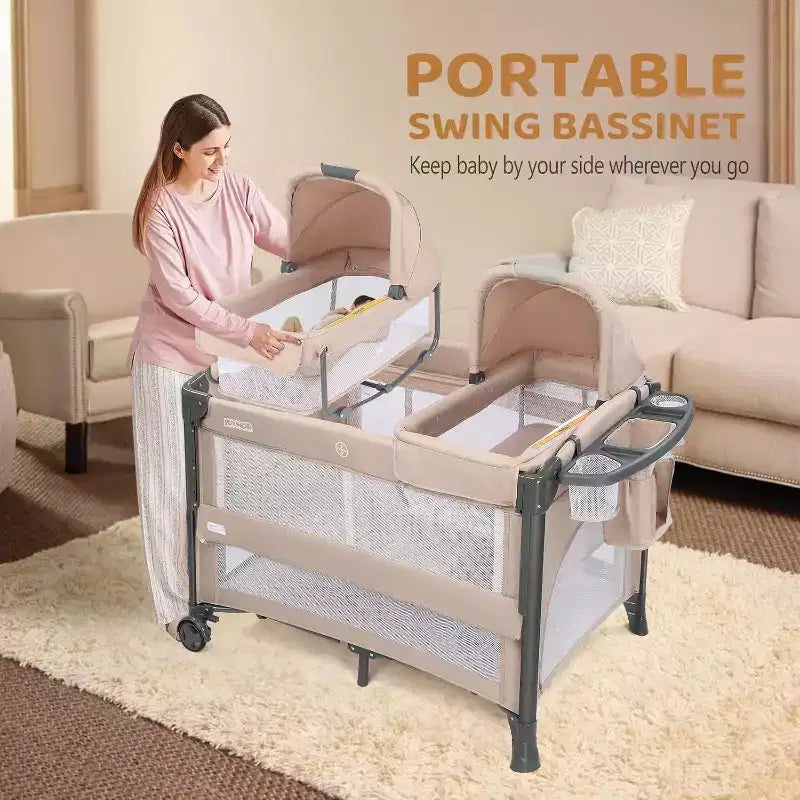 JOYMOR Culla Gemellare per Neonati, Culla Accanto al Letto Beige, Convertibile in Culla da Affiancare e Box, con Ruote, Freno, Sponda Laterale Pieghevole, Beige