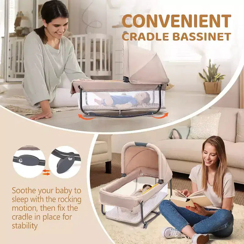 JOYMOR Culla Gemellare per Neonati, Culla Accanto al Letto Beige, Convertibile in Culla da Affiancare e Box, con Ruote, Freno, Sponda Laterale Pieghevole, Beige