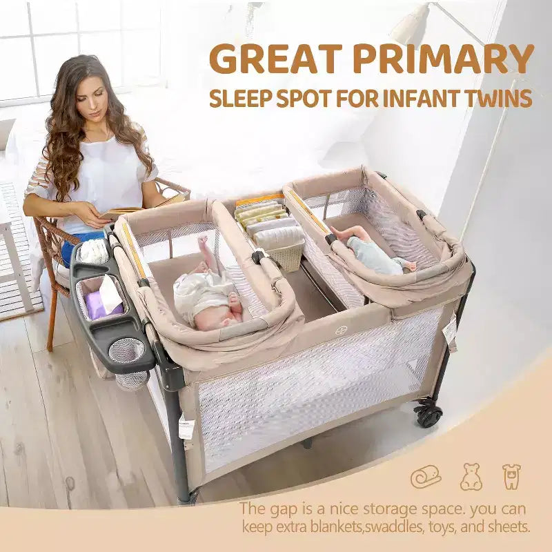 JOYMOR Culla Gemellare per Neonati, Culla Accanto al Letto Beige, Convertibile in Culla da Affiancare e Box, con Ruote, Freno, Sponda Laterale Pieghevole, Beige