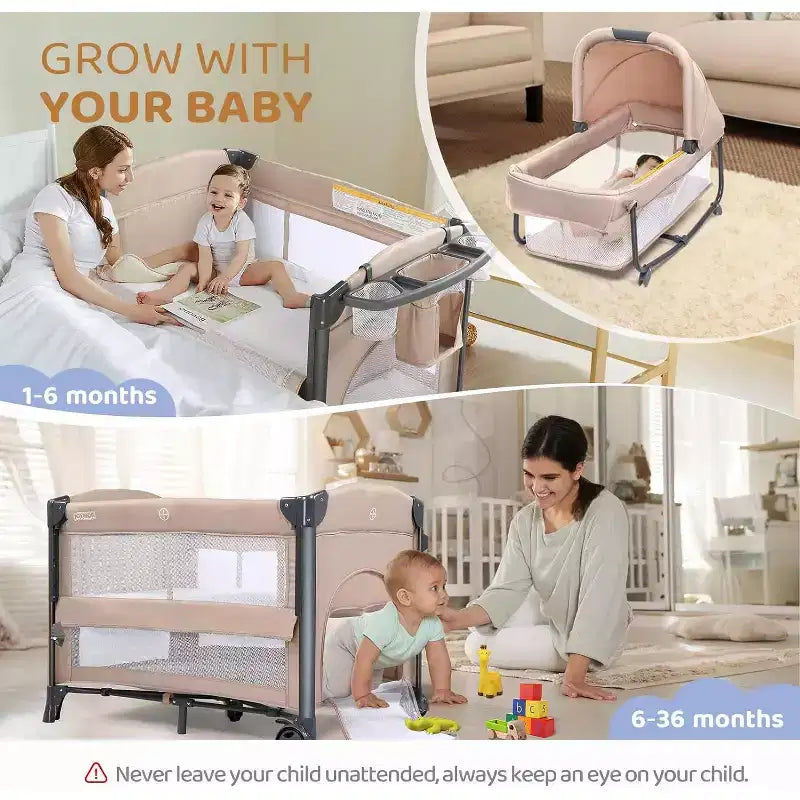 JOYMOR Culla Gemellare per Neonati, Culla Accanto al Letto Beige, Convertibile in Culla da Affiancare e Box, con Ruote, Freno, Sponda Laterale Pieghevole, Beige