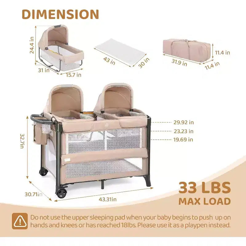 JOYMOR Culla Gemellare per Neonati, Culla Accanto al Letto Beige, Convertibile in Culla da Affiancare e Box, con Ruote, Freno, Sponda Laterale Pieghevole, Beige