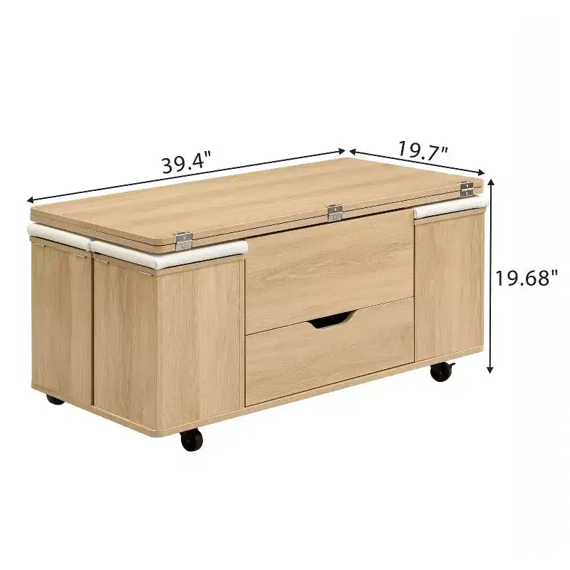 Tavolino da caffè Okak moderno e funzionale con piano sollevabile, vano portaoggetti nascosto e sgabelli, set di tavolini di design per soggiorno e ufficio