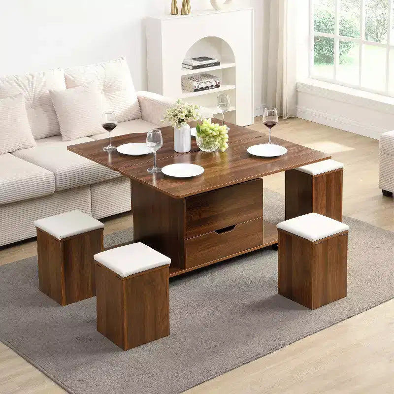 Tavolino da caffè Okak moderno e funzionale con piano sollevabile, vano portaoggetti nascosto e sgabelli, set di tavolini di design per soggiorno e ufficio