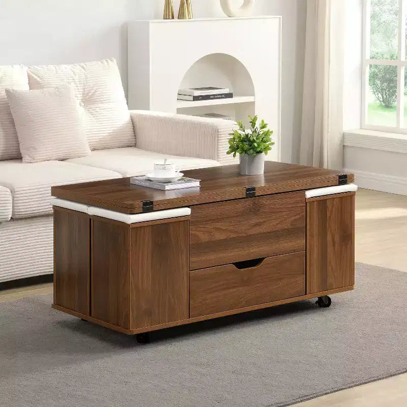Tavolino da caffè Okak moderno e funzionale con piano sollevabile, vano portaoggetti nascosto e sgabelli, set di tavolini di design per soggiorno e ufficio