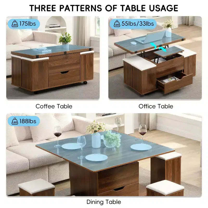 Tavolino da caffè Okak moderno e funzionale con piano sollevabile, vano portaoggetti nascosto e sgabelli, set di tavolini di design per soggiorno e ufficio