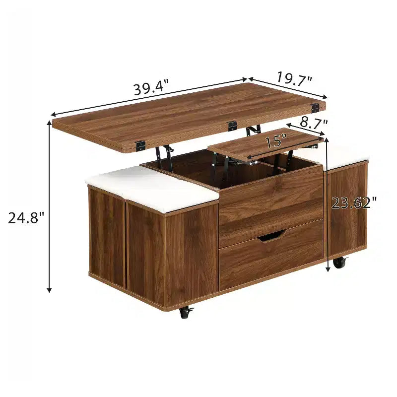 Tavolino da caffè Okak moderno e funzionale con piano sollevabile, vano portaoggetti nascosto e sgabelli, set di tavolini di design per soggiorno e ufficio