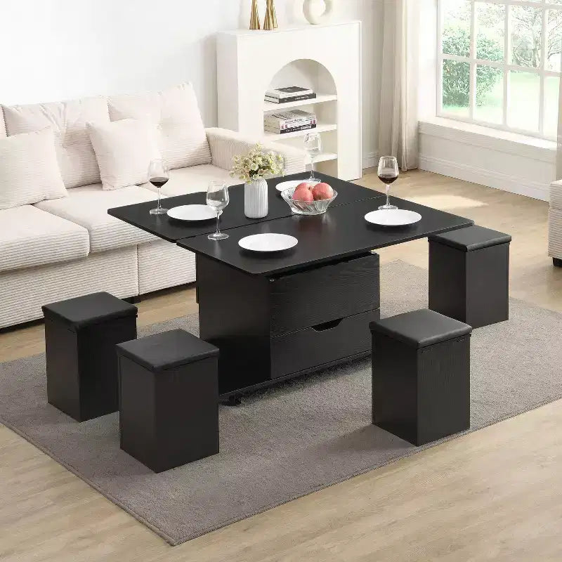 Tavolino da caffè Okak moderno e funzionale con piano sollevabile, vano portaoggetti nascosto e sgabelli, set di tavolini di design per soggiorno e ufficio