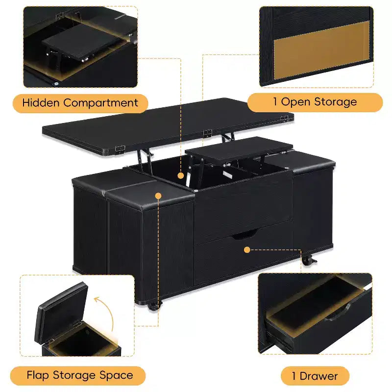 Tavolino da caffè Okak moderno e funzionale con piano sollevabile, vano portaoggetti nascosto e sgabelli, set di tavolini di design per soggiorno e ufficio