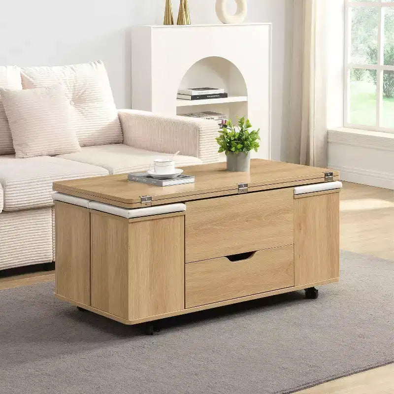 Tavolino da caffè Okak moderno e funzionale con piano sollevabile, vano portaoggetti nascosto e sgabelli, set di tavolini di design per soggiorno e ufficio