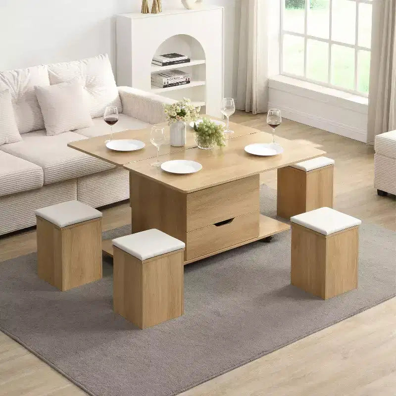 Tavolino da caffè Okak moderno e funzionale con piano sollevabile, vano portaoggetti nascosto e sgabelli, set di tavolini di design per soggiorno e ufficio