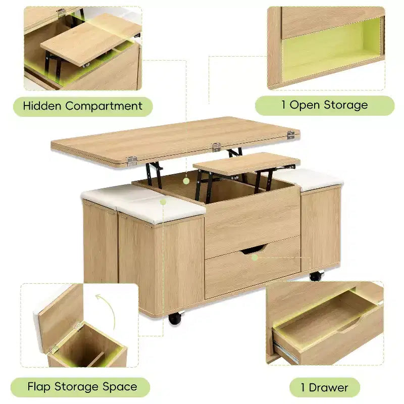 Tavolino da caffè Okak moderno e funzionale con piano sollevabile, vano portaoggetti nascosto e sgabelli, set di tavolini di design per soggiorno e ufficio