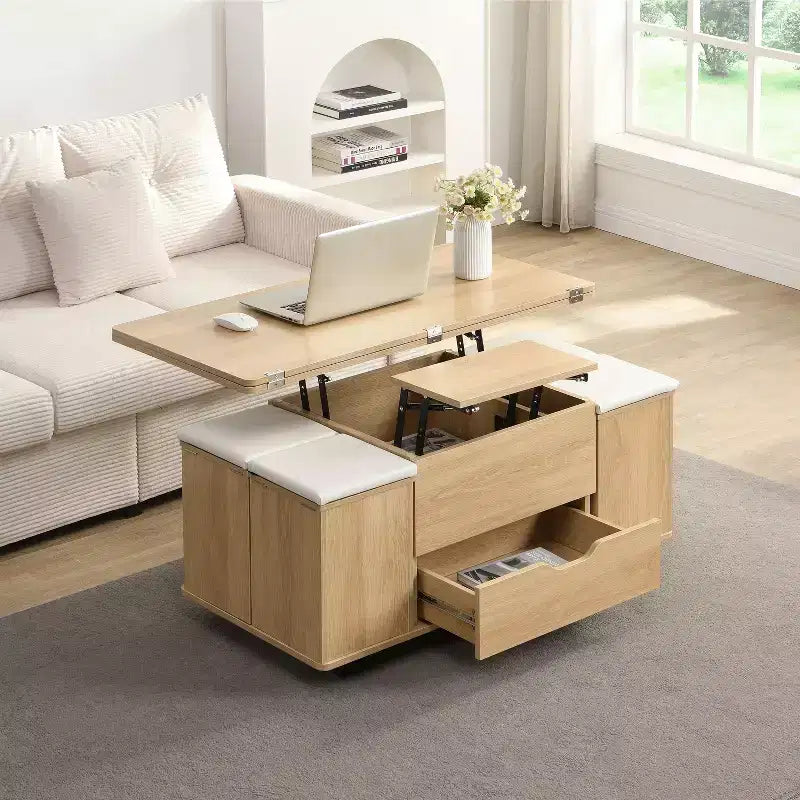 Tavolino da caffè Okak moderno e funzionale con piano sollevabile, vano portaoggetti nascosto e sgabelli, set di tavolini di design per soggiorno e ufficio