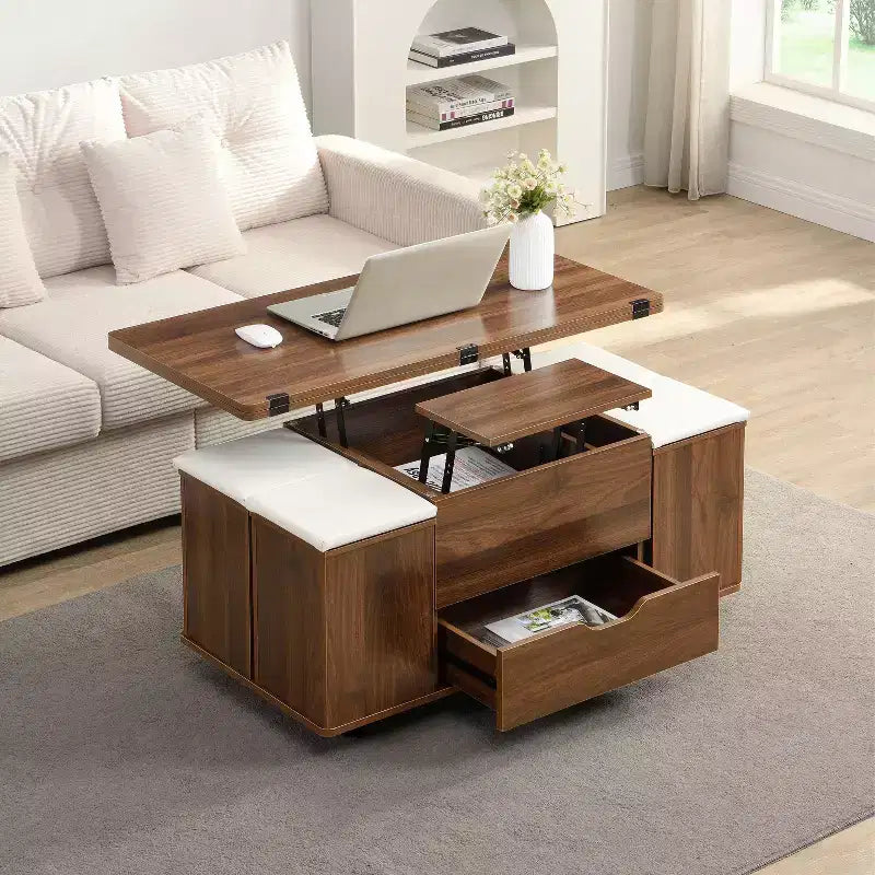 Tavolino da caffè Okak moderno e funzionale con piano sollevabile, vano portaoggetti nascosto e sgabelli, set di tavolini di design per soggiorno e ufficio