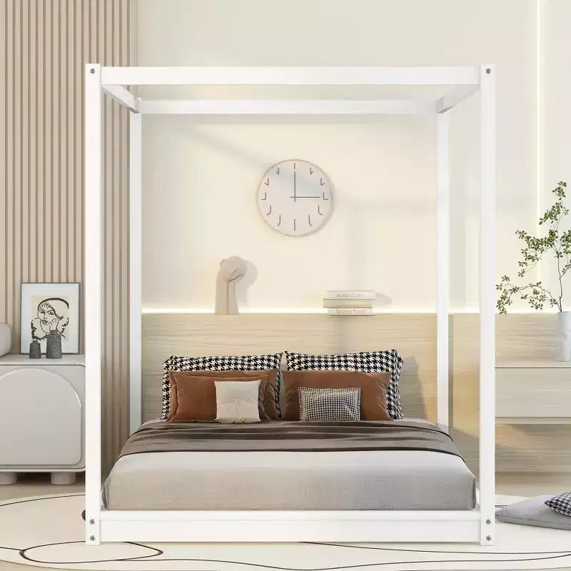 Letto a Baldacchino in Legno 4 Poster Beds con Pannelli, Struttura Letto Bassa con Doghe in Legno Massello