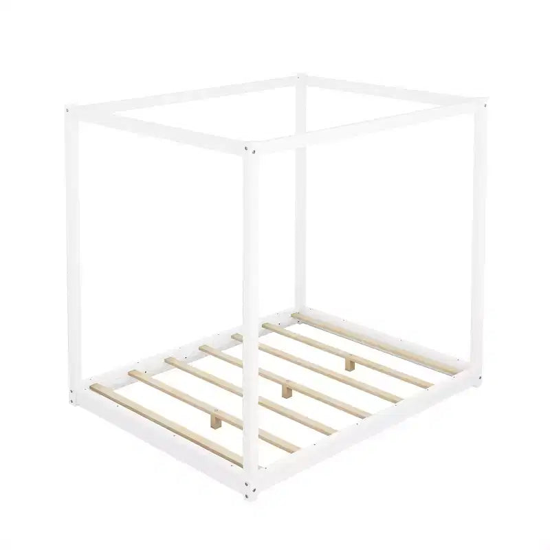 Letto a Baldacchino in Legno 4 Poster Beds con Pannelli, Struttura Letto Bassa con Doghe in Legno Massello