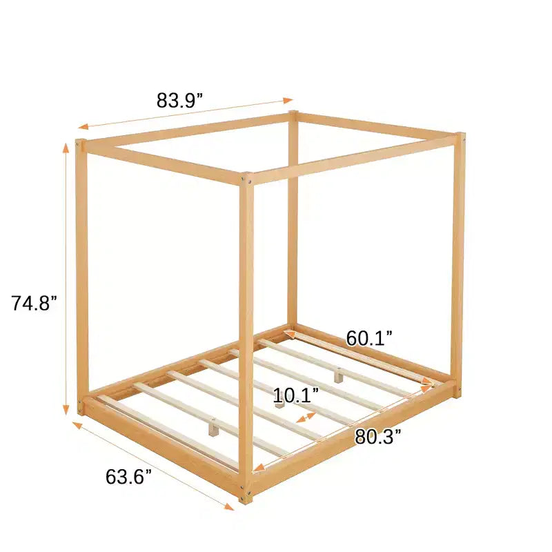 Letto a Baldacchino in Legno 4 Poster Beds con Pannelli, Struttura Letto Bassa con Doghe in Legno Massello