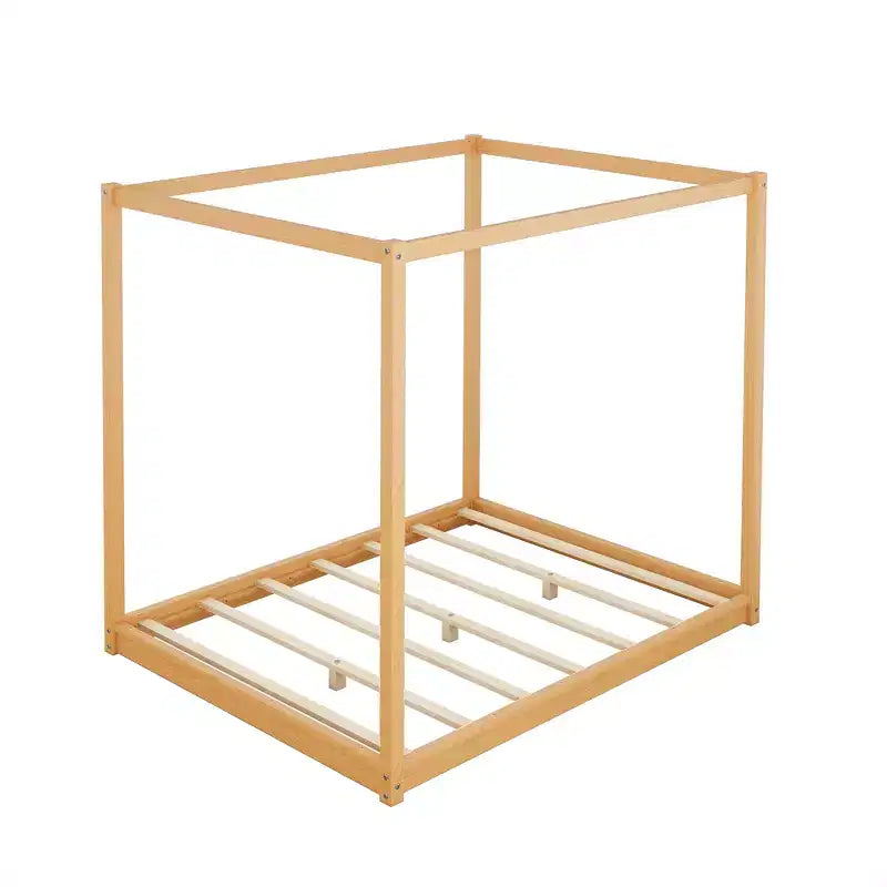 Letto a Baldacchino in Legno 4 Poster Beds con Pannelli, Struttura Letto Bassa con Doghe in Legno Massello