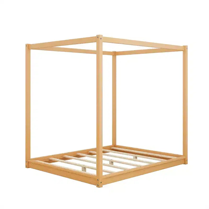 Letto a Baldacchino in Legno 4 Poster Beds con Pannelli, Struttura Letto Bassa con Doghe in Legno Massello