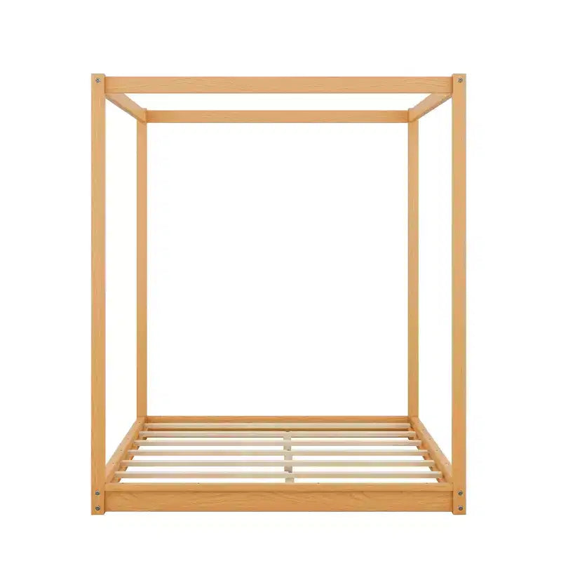 Letto a Baldacchino in Legno 4 Poster Beds con Pannelli, Struttura Letto Bassa con Doghe in Legno Massello